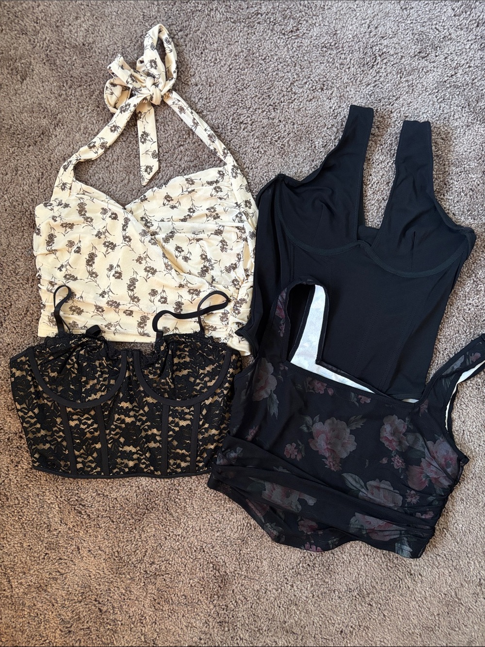 SHEIN Black Lace Bustier + Black Floral Mesh + Cream Floral Halter Crop Top Set